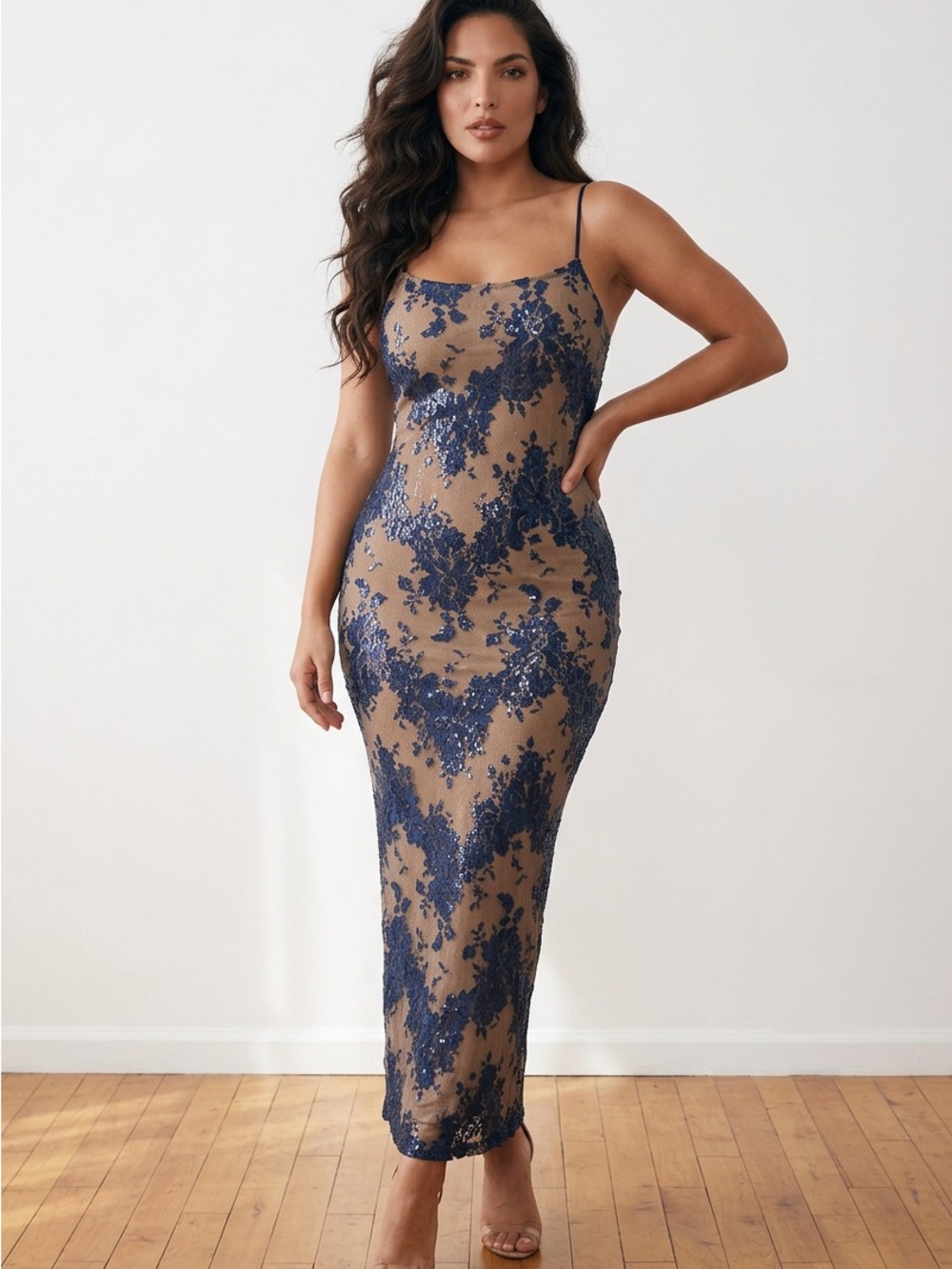 Commense Nude Slip Dress with Navy Lace Appliqué